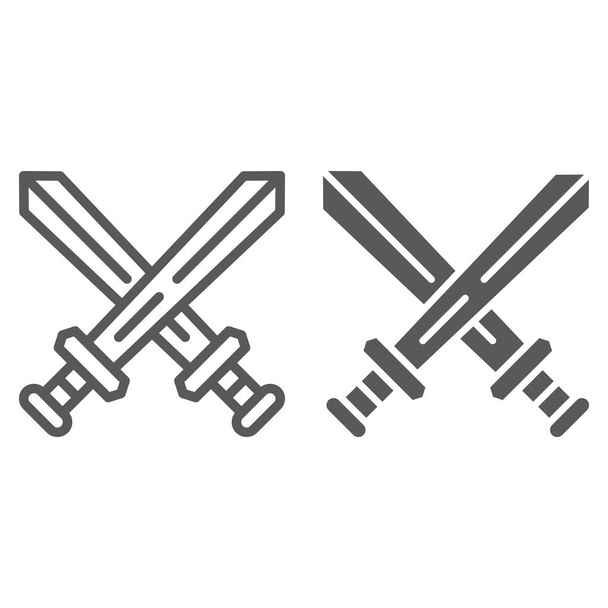 Kampflinie und Glyphen-Symbol, Spiel und Spiel, gekreuzte Schwerter-Zeichen, Vektorgrafik, ein lineares Muster auf weißem Hintergrund. - Vektor, Bild