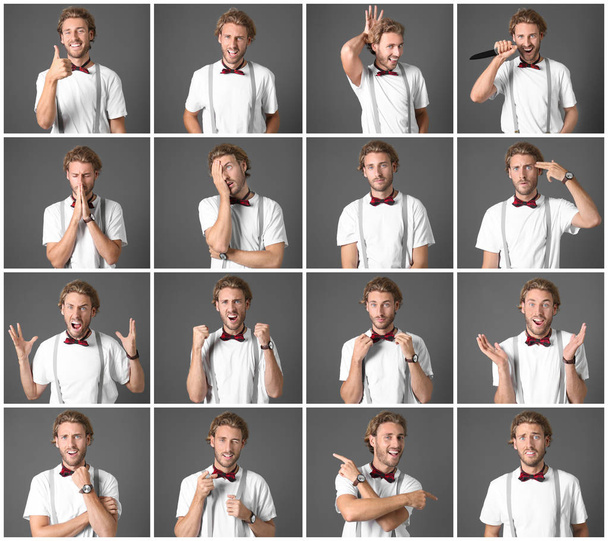 Handsome man with different emotions on grey background - Photo, Image