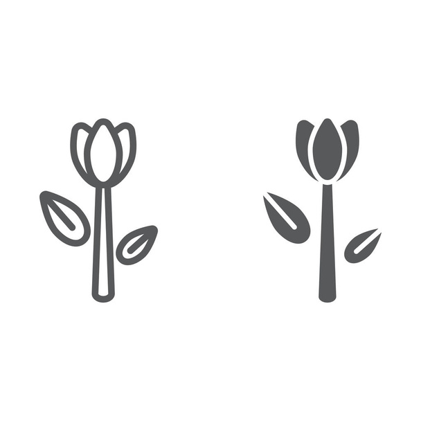 Tulpenlinie und Glyphen-Symbol, Blumen und Pflanzen, Blumenschild, Vektorgrafik, ein lineares Muster auf weißem Hintergrund. - Vektor, Bild