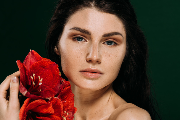 beautiful woman with freckles on face posing with red amaryllis flowers, isolated on green - Фото, зображення