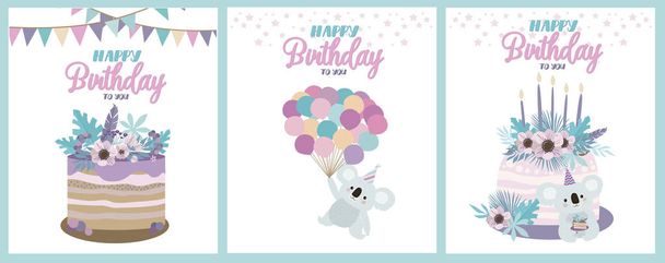 Koala bear birthday cards. Cute birthday greeting cards with fun koalas. Editable vector illustration - Vector, Image
