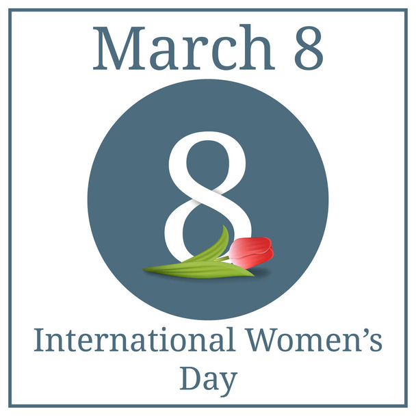 3 月 8 日国際女性の日。赤いチューリップと 8 番。3 月の休日カレンダーです。グリーティング カード、バナー、ポスター、招待状。あなたのデザインのベクトル図. - ベクター画像