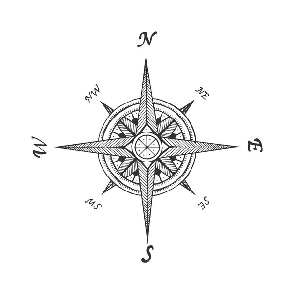 Středověké wind rose skica gravírování vektorové ilustrace. Odkládací deska stylu imitace. Černá a bílá ruka nakreslený obrázek. - Vektor, obrázek