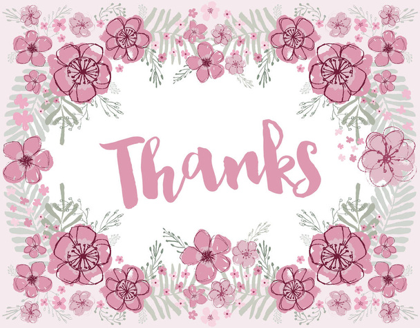 Thanks vector pink and burgundy florals with light aquamarine leaves editable flower wreath on a light pink background.  - Vector, Image