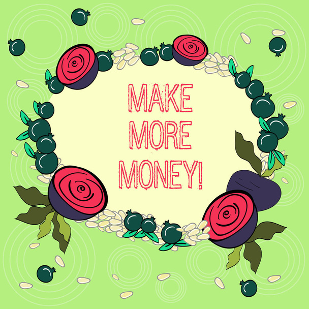 Textzeichen, die mehr Geld verdienen. konzeptionelle Foto erhöhen Sie Ihr Einkommen Gehaltszuschüsse härter arbeiten Ehrgeiz Blumenkranz aus winzigen Samen kleinen glänzenden Granatapfel und geschnittenen Rüben. - Foto, Bild