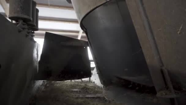 Close up of farm machinery for feeding animals, agriculture. concept. Footage. Fodders distributor in a barn at working process. - Filmagem, Vídeo