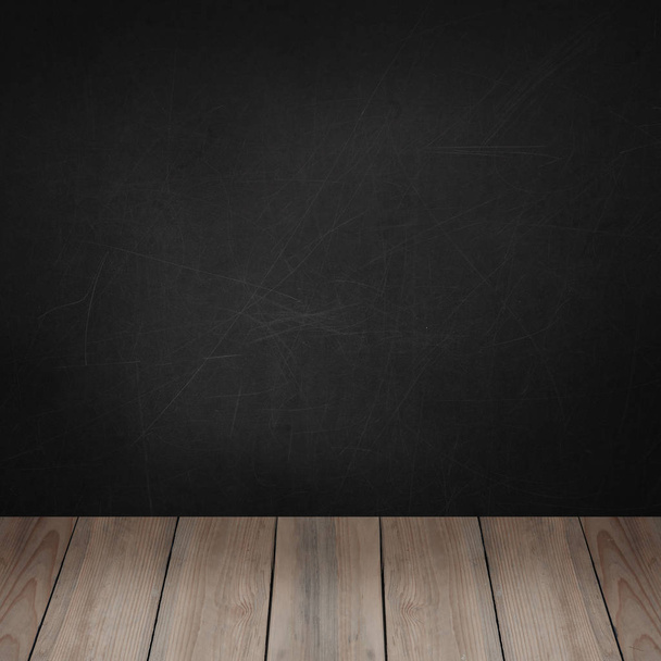 Black chalkboard wall and wooden board floor background for advertising marketing and product placement - Fotoğraf, Görsel