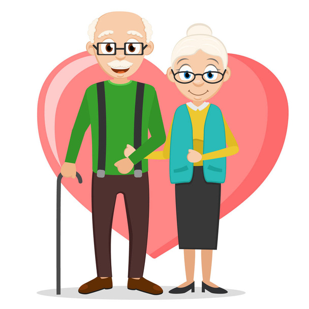 Grandparents stand under the handle on the background of the heart on a white background. - Vector, Image