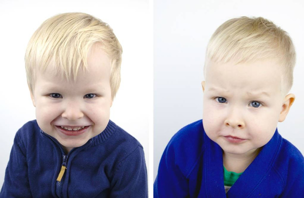 Pojan muotokuva ennen leikkausta ja sen jälkeen. Lapsi kampaajan vierailun jälkeen
 - Valokuva, kuva