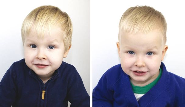 Πορτρέτο ενός αγοριού πριν και μετά το κούρεμα. Παιδιού μετά την επίσκεψη στο κομμωτήριο - Φωτογραφία, εικόνα