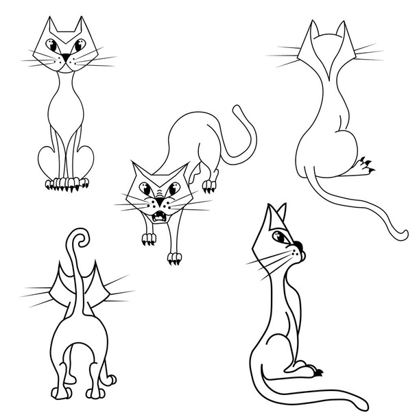 ベクトルはさまざまなポーズの猫漫画画像の設定します。図面は、未塗装に手によって、行われます。前に座っている、猫の輪郭バック、横に。ペットボトルのベクター イラストです。肯定的です  - ベクター画像