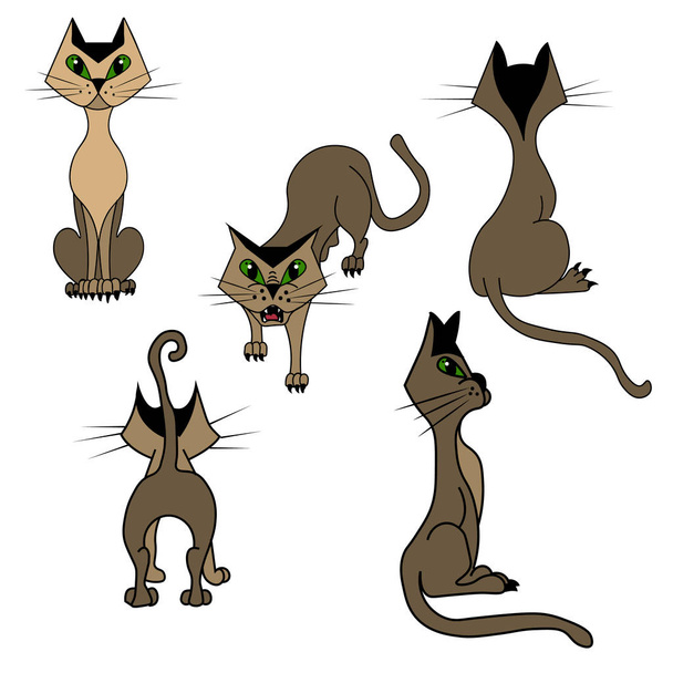 Conjunto vectorial de imágenes de dibujos animados de un gato gris en diferentes poses. El dibujo en el estilo de dibujado a mano. El gatito shkodnichaet, se sienta hacia atrás y hacia los lados. Carácter positivo
.  - Vector, imagen