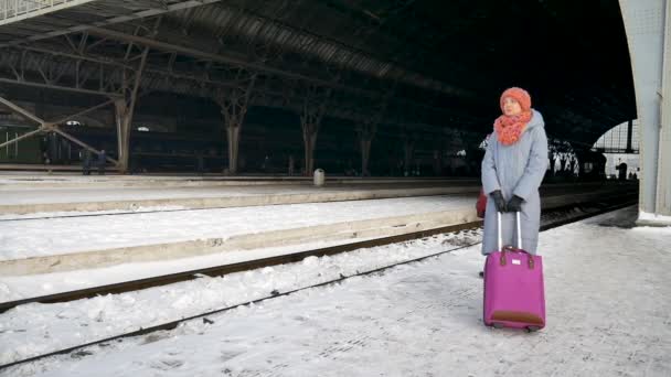 Donna viaggiatore in attesa di un treno in piedi alla stazione ferroviaria con valigia viola bagagli la mattina presto durante l'inverno, HD
. - Filmati, video