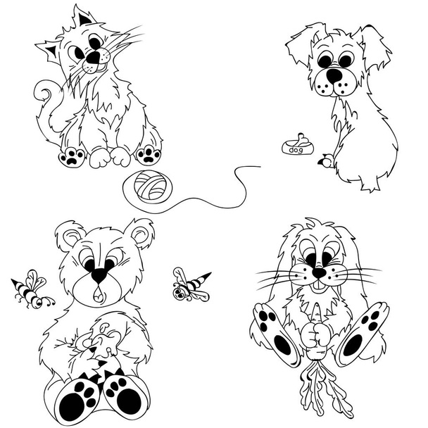 Een aantal tekenfilms zwart-wit van verschillende dieren: een kitten, een hond met een bot, een konijn met wortelen, een beer met honing. Tekeningen die zijn gemaakt in de stijl van Vrije-stijltekenen. - Vector, afbeelding