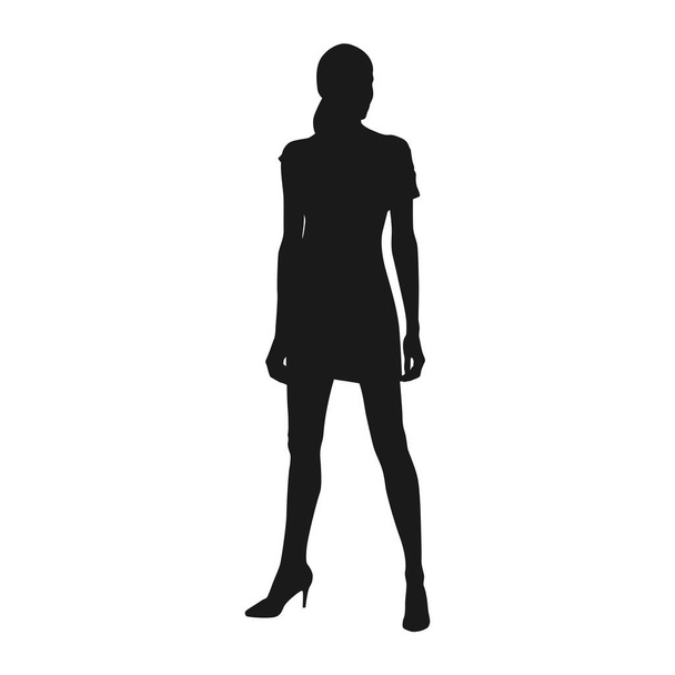 Slim young woman standing with crooked legs. Gril wearing short summer dress, front view. Isolated vector silhouette - Vettoriali, immagini