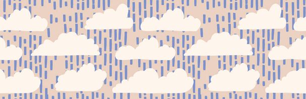Kézzel rajzolt vektor esőfelhő illusztráció. Zökkenőmentes ismétlődő határ fehér bolyhos esős nap vonalas a zavaros banner ribb. Vázlatos kreatív vonalas a felhős háttérkép berendezés, gyerekek Időjárás szalag. - Vektor, kép