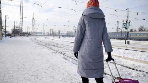 Visão traseira da jovem mulher de casaco azul esperando por um trem em pé na estação ferroviária com mala de bagagem roxa no início da manhã durante o inverno
. - Filmagem, Vídeo