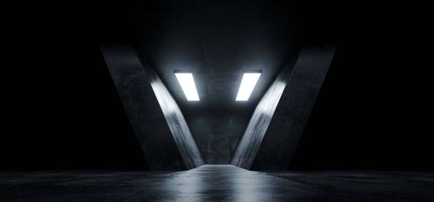 Τρίγωνο σχήμα Grunge σκυροδέματος Sci Fi φουτουριστικό κομψό άδειο σκοτεινό αντανακλαστική μεγάλη αίθουσα σκηνή εξωγήινο σκάφος δωμάτιο σήραγγα διάδρομος λαμπερό στούντιο φώτα 3d Rendering εικονογράφηση - Φωτογραφία, εικόνα