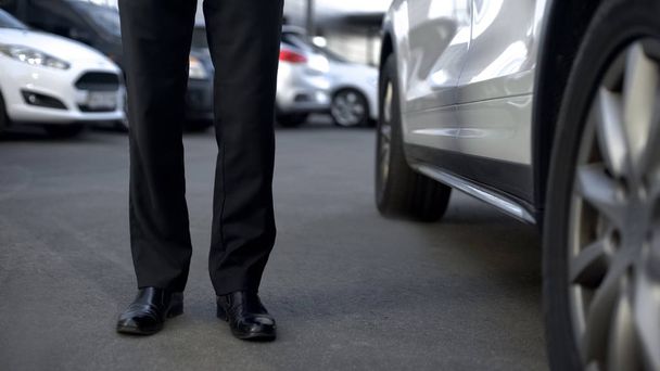 Business driver standing near car, ready to open door for boss, base view - Fotó, kép