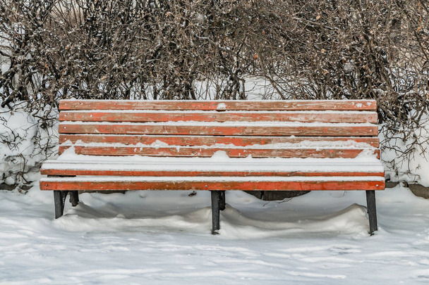 Деревянная покрашенная в коричневый цвет красивая скамейка с черными коваными ногами стоит с белым снегом зимой в парке
 - Фото, изображение