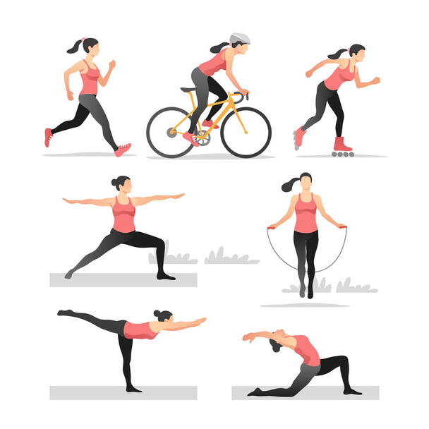 Conjunto de ilustraciones vectoriales mujer joven activa. Patinaje sobre ruedas, ciclismo, correr, yoga, saltar. Estilo de vida saludable
. - Vector, imagen