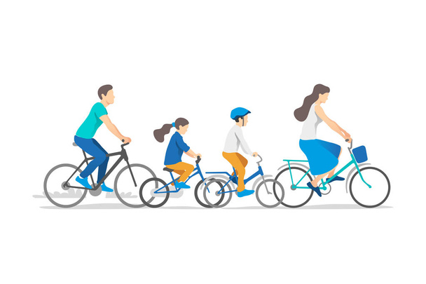 Active family vacation. Father, mother, son and daughter are riding on bicycles. Vector illustration. - Vector, Image