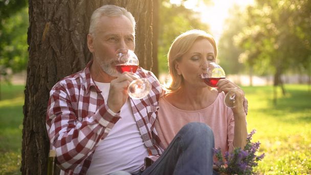 Pleased senior couple drinking wine and enjoying romantic date in park, love - Фото, зображення