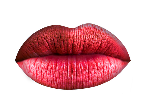 Lippen, mooie vorm van vrouwelijke lippen close-up, lippenstift en make-up. Schoonheid en cosmetica. Vrouwelijke lippen geïsoleerd op een witte achtergrond. Sensuele kus, mooie vrouw. Nauwe mond, lichaam concept - Foto, afbeelding