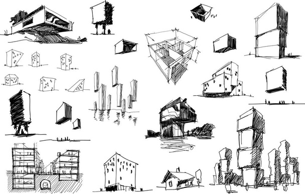 sok kézzel rajzolt architectectural vázlatok a modern absztrakt építészet nad geometriai objektumok és városi ötletek és tervezetek - Vektor, kép