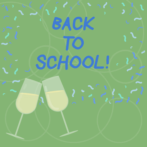 Word writing text Back To School. Business concept for New Teachers Friends Books Uniforms Promotion Tuition Fee Filled Wine Glass Toasting for Celebration with Scattered Confetti photo. - Photo, Image