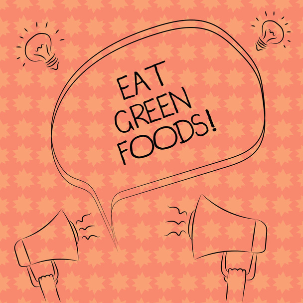 Writing note showing Eat Green Foods. Business photo showcasing Eating more vegetables healthy diet vegetarian veggie demonstrating Freehand Outline Sketch of Speech Bubble Megaphone Idea Icon. - Photo, Image