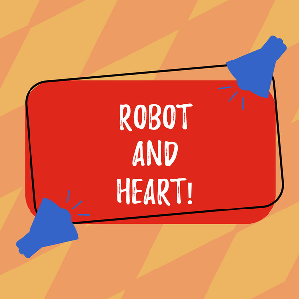 Tekst znaku wskazującym Robot i serca. Koncepcyjne zdjęcie czułości i opieki za technologią maszyny dwóch megafon z ikona dźwięku na puste kolor opisane prostokątny kształt. - Zdjęcie, obraz