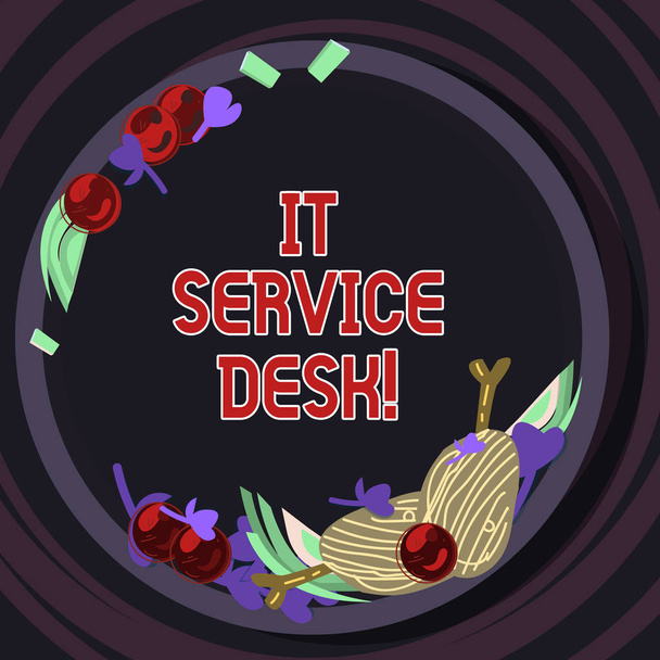 Conceptual hand writing showing It Service Desk. Business photo text Technological support online assistance help center Hand Drawn Lamb Chops Herb Spice Cherry Tomatoes on Plate. - Photo, Image