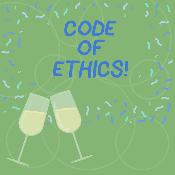 Word writing text Code Of Ethics. Business concept for Moral Rules Ethical Integrity Honesty Good procedure Filled Wine Glass Toasting for Celebration with Scattered Confetti photo. - Photo, Image