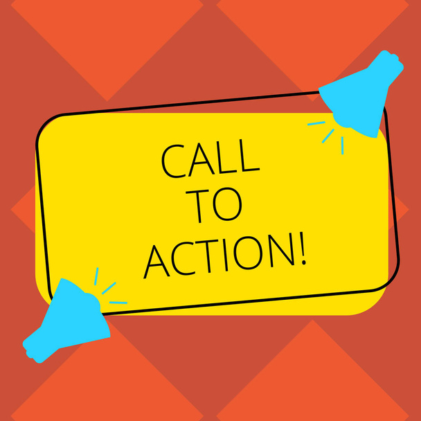 Handwriting text Call To Action. Concept meaning Encourage Decision Move to advance Successful strategy Two Megaphone with Sound icon on Blank Color Outlined Rectangular Shape. - Photo, Image