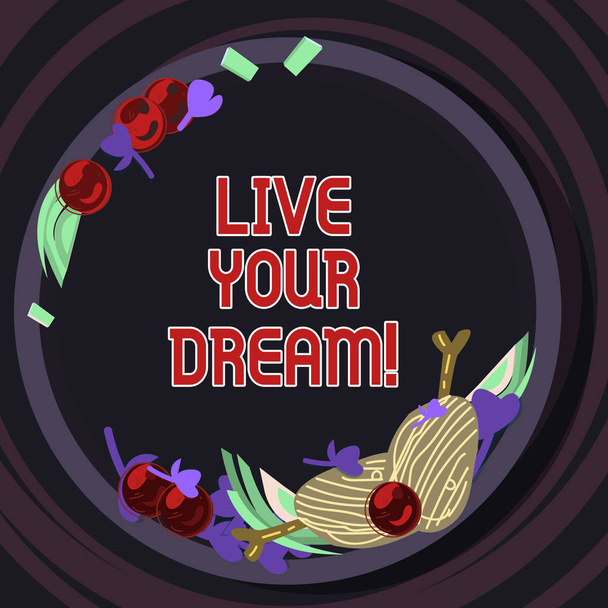 Conceptual hand writing showing Live Your Dream. Business photo text Motivation be successful inspiration happiness achieve goals Hand Drawn Lamb Chops Herb Spice Cherry Tomatoes on Plate. - Photo, Image