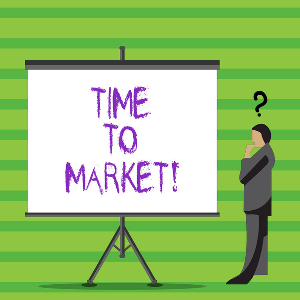 Escribiendo nota mostrando Time To Market. Muestra de fotos de negocios Momento adecuado para hacer movimientos financieros Bolsa de valores
. - Foto, imagen