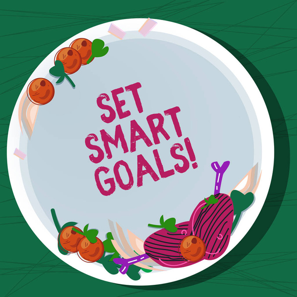 Writing note showing Set Smart Goals. Business photo showcasing Establish achievable objectives Make good business plans Hand Drawn Lamb Chops Herb Spice Cherry Tomatoes on Blank Color Plate. - Foto, immagini