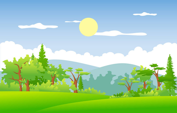 Гори пагорби зелена трава дерева природи краєвид небо - Вектор, зображення
