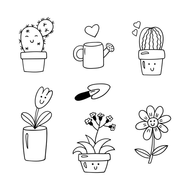 Set of cute cartoon potted plants. Black and white vector clipart. - ベクター画像