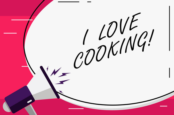 Word のテキストの書き込み私は料理が大好きです。割烹のための愛情を持つためのビジネス コンセプト準備料理やデザート. - 写真・画像