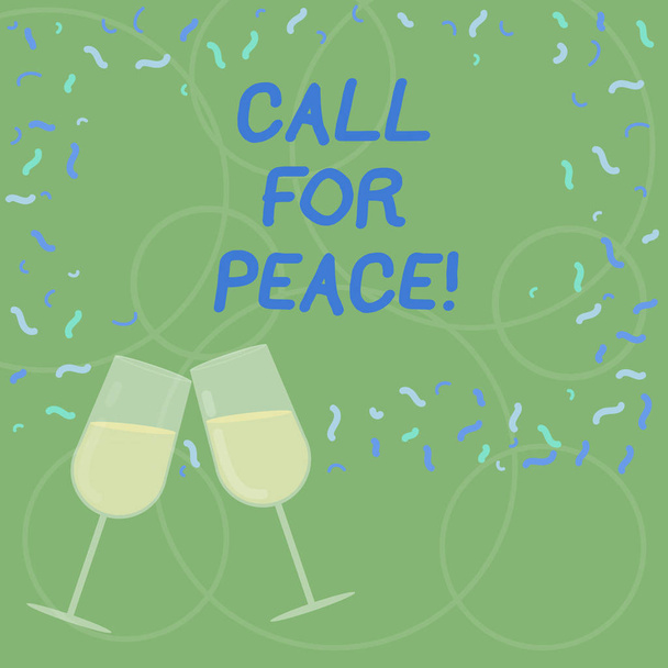 Word writing text Call For Peace. Business concept for Make votes to a peaceful world Be calmed relaxed do not fight Filled Wine Glass Toasting for Celebration with Scattered Confetti photo. - Photo, Image