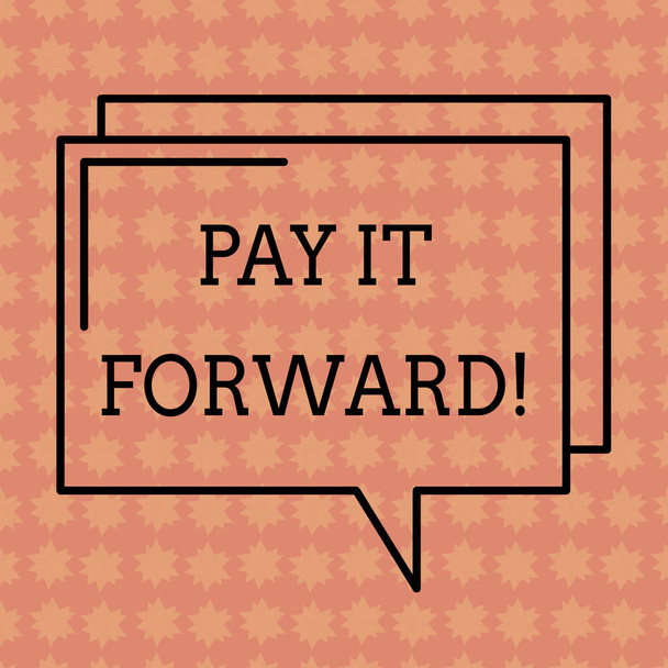 Writing note showing Pay It Forward. Business photo showcasing Do the payment a certain amount of time after purchasing Rectangular Outline Transparent Comic Speech Bubble photo Blank Space. - Photo, Image