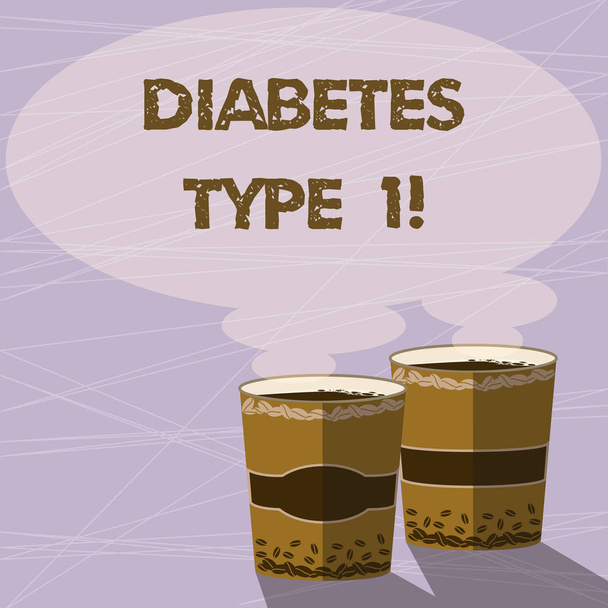 Tekst pisma cukrzycy typu 1. Koncepcja znaczenie warunku, w której trzustka wytwarza insuliny niewielki lub żaden dwa aby Go Cup z napojów i Steam ikonę puste dymek zdjęcie. - Zdjęcie, obraz