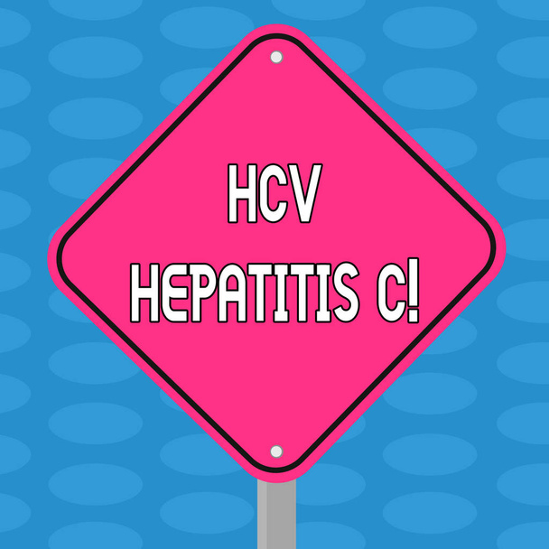 Word writing text hcv hepatitis c. business concept for leber disease caused by a virus schwere chronische erkrankung blank diamantform color road warning signale with one leg stand photo. - Foto, Bild