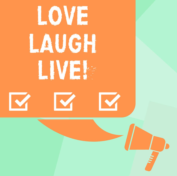 Escrita conceitual mostrando Love Laugh Live. Texto da foto de negócios Inspire-se positivo aproveite seus dias rindo bom humor Cor Silhueta de Blank Square Speech Bubble e Megafone
. - Foto, Imagem