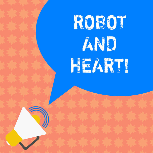 Uwaga: pisanie Wyświetlono Robot i serca. Biznes Fotografia formacie prezentującym czułości i opieki za technologią maszyny megafon z ikony głośności dźwięku i puste dymek kolor zdjęcie. - Zdjęcie, obraz