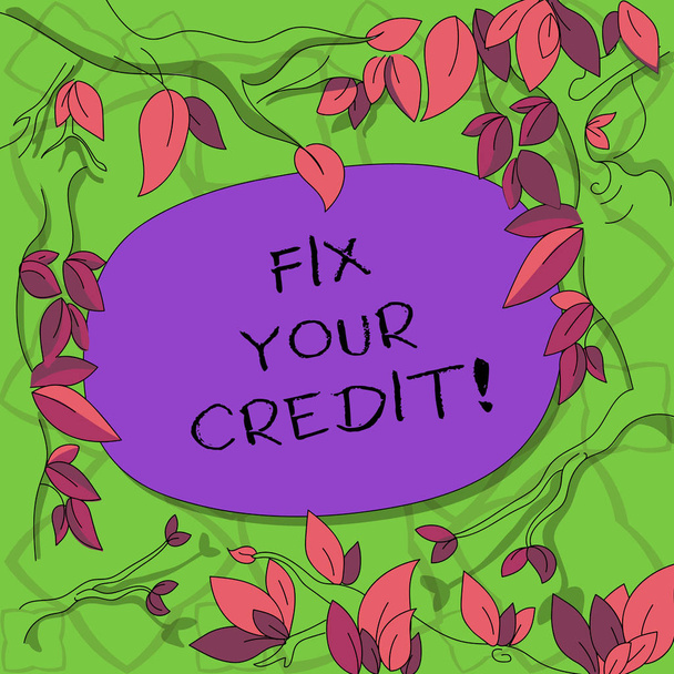 Text sign showing Fix Your Credit. Conceptual photo Keep balances low on credit cards and other credit Tree Branches Scattered with Leaves Surrounding Blank Color Text Space. - Photo, Image