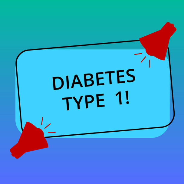 A kézírás szöveg írás 1-es típusú cukorbetegség. Koncepció értelmében állapot, amelyben a hasnyálmirigy termel kevés vagy semmilyen inzulint két hangszóró hang ikon a üres színes vázolt téglalap alakú. - Fotó, kép