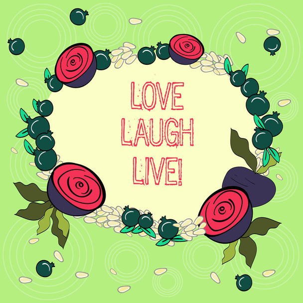 Tekst teken weergegeven: Love lachen Live. Conceptuele foto laten inspireren positieve geniet van uw dagen lachen goede humor bloemen krans van kleine zaden kleine glanzende granaatappel en gesneden bieten gemaakt. - Foto, afbeelding
